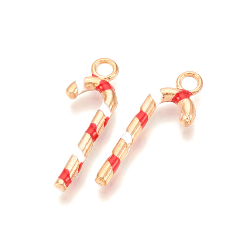 Pendants, Christmas Candy Cane, Red, White, Enameled, Light Gold Plated, Alloy, 27mm - BEADED CREATIONS