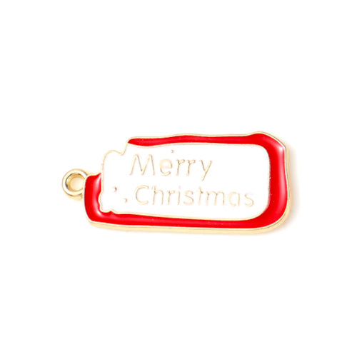 Pendants, Christmas Cookie, Single-Sided, Red, White, Enameled, With Merry Christmas, Light Gold Alloy, 28mm - BEADED CREATIONS