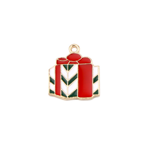 Pendants, Christmas Gift Box, Single-Sided, Red, White, Green, Enameled, Light Gold Alloy, 21mm - BEADED CREATIONS