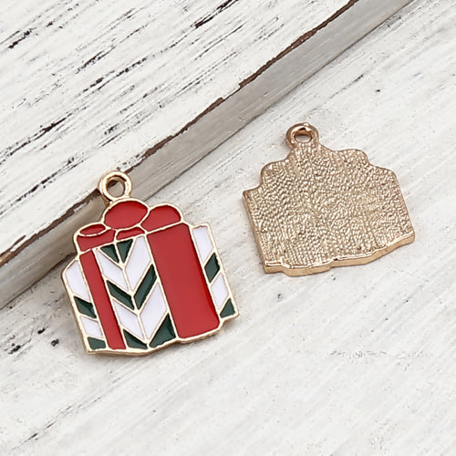 Pendants, Christmas Gift Box, Single-Sided, Red, White, Green, Enameled, Light Gold Alloy, 21mm - BEADED CREATIONS