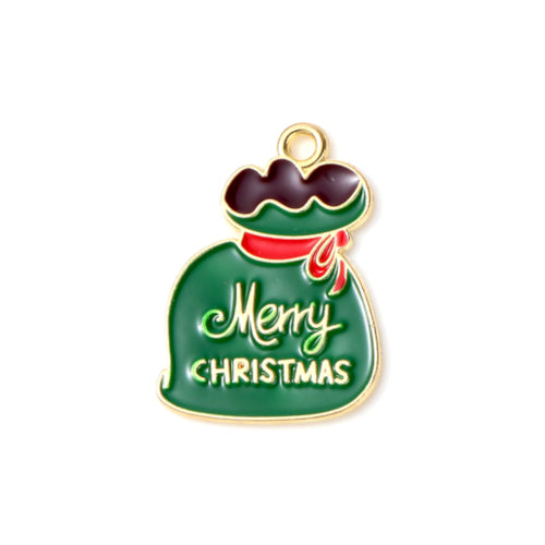 Pendants, Christmas Git Bag, Single-Sided, Green, Enameled, Light Gold Alloy, 24mm - BEADED CREATIONS