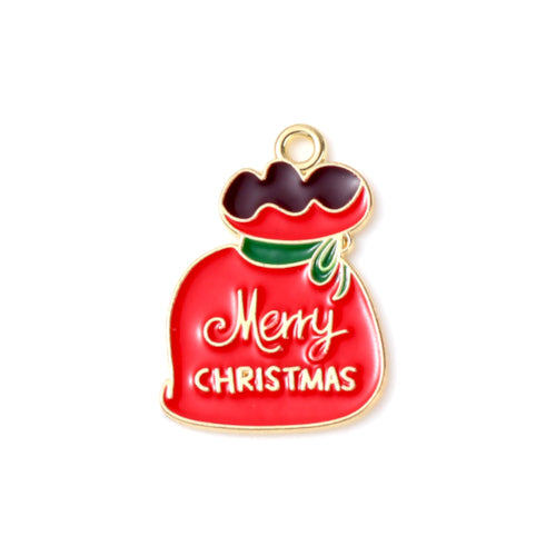 Pendants, Christmas Git Bag, Single-Sided, Red, Enameled, Light Gold Alloy, 24mm - BEADED CREATIONS