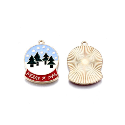 Pendants, Christmas Globe With Words Merry X-Mas, Single-Sided, Enameled, Light Gold, Alloy, 23mm - BEADED CREATIONS