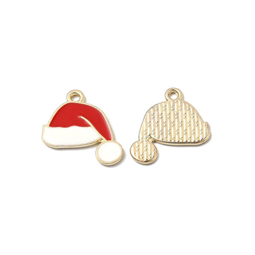 Pendants, Christmas Hat, Single-Sided, White, Red, Enameled, Light Gold Alloy, 21mm - BEADED CREATIONS