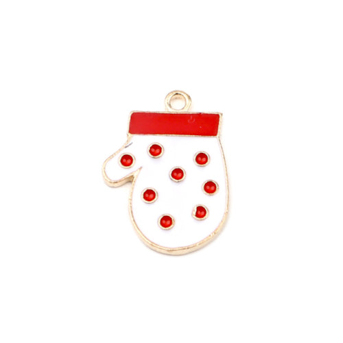Pendants, Christmas Mittens With Polka Dots, Single-Sided, White, Red, Enameled, Light Gold, Alloy, 23mm - BEADED CREATIONS