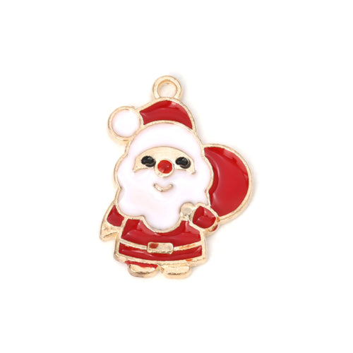 Pendants, Christmas Santa With Bag, Single-Sided, Red, White, Enameled, Light Gold Plated, Alloy, 23mm - BEADED CREATIONS