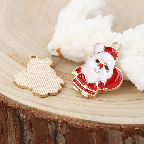 Pendants, Christmas Santa With Bag, Single-Sided, Red, White, Enameled, Light Gold Plated, Alloy, 23mm - BEADED CREATIONS
