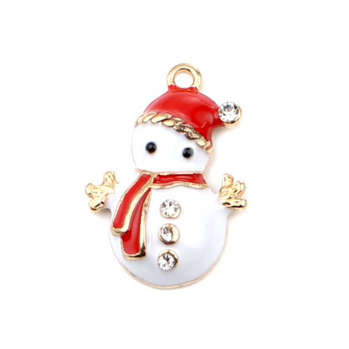 Pendants, Christmas Snowman, Single-Sided, White, Enameled, With Rhinestones, Light Gold, Alloy, 23mm - BEADED CREATIONS