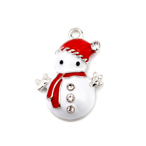 Pendants, Christmas Snowman, Single-Sided, White, Enameled, With Rhinestones, Silver, Alloy, 23mm - BEADED CREATIONS