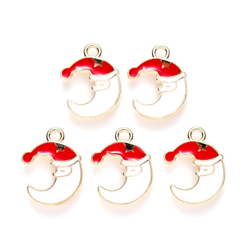 Pendants, Christmas Theme, Moon With Christmas Hat, Single-Sided, White, Red, Enameled, Light Gold Alloy, 20mm - BEADED CREATIONS