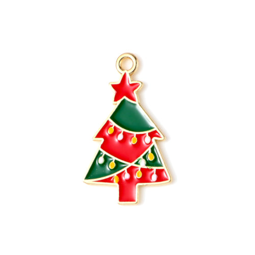 Pendants, Christmas Tree With Star, Single-Sided, Red, Green, Enameled, Light Gold Alloy, 27mm - BEADED CREATIONS