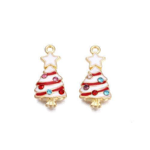 Pendants, Christmas Tree, Single-Sided, White, Red, Enameled, With Rhinestones, Light Gold Alloy, 23mm - BEADED CREATIONS