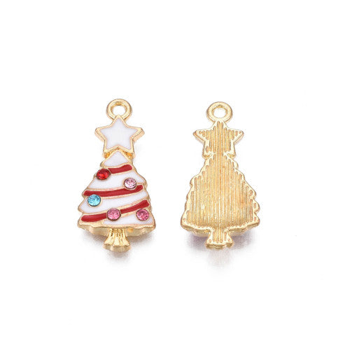 Pendants, Christmas Tree, Single-Sided, White, Red, Enameled, With Rhinestones, Light Gold Alloy, 23mm - BEADED CREATIONS