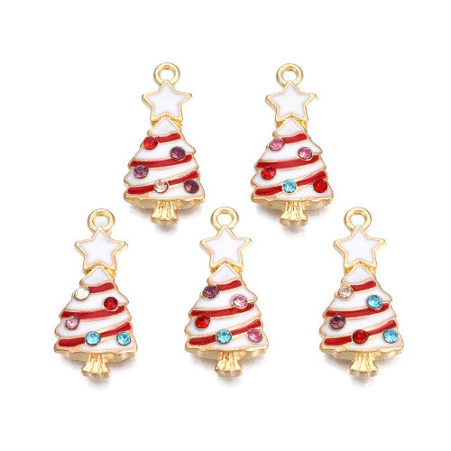 Pendants, Christmas Tree, Single-Sided, White, Red, Enameled, With Rhinestones, Light Gold Alloy, 23mm - BEADED CREATIONS