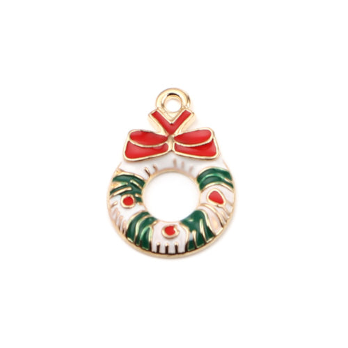 Pendants, Christmas Wreath, With Bowknot, Single-Sided, Red, White, Green, Enameled, Golden, Alloy, 23mm - BEADED CREATIONS