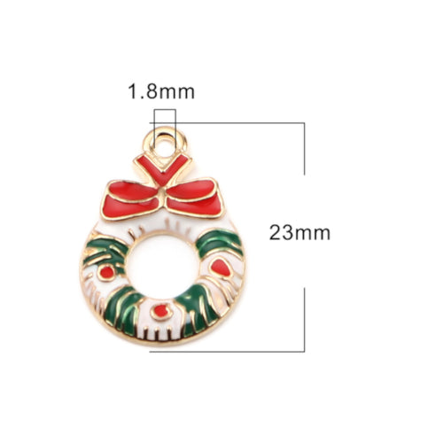 Pendants, Christmas Wreath, With Bowknot, Single-Sided, Red, White, Green, Enameled, Golden, Alloy, 23mm - BEADED CREATIONS