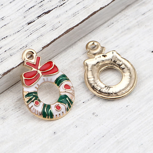 Pendants, Christmas Wreath, With Bowknot, Single-Sided, Red, White, Green, Enameled, Golden, Alloy, 23mm - BEADED CREATIONS