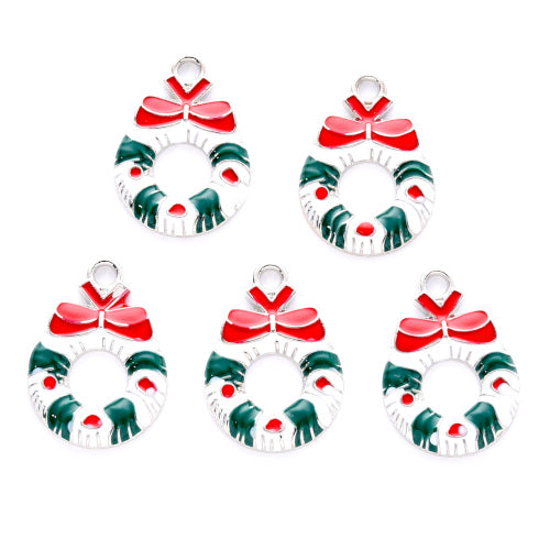 Pendants, Christmas Wreath, With Bowknot, Single-Sided, Red, White, Green, Enameled, Silver, Alloy, 23mm - BEADED CREATIONS