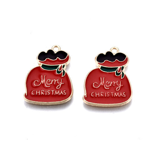 Pendants, Christmas, Red, Black, Enameled, Lucky Bag, With Word Merry Christmas, Light Gold, Alloy, 21mm - BEADED CREATIONS