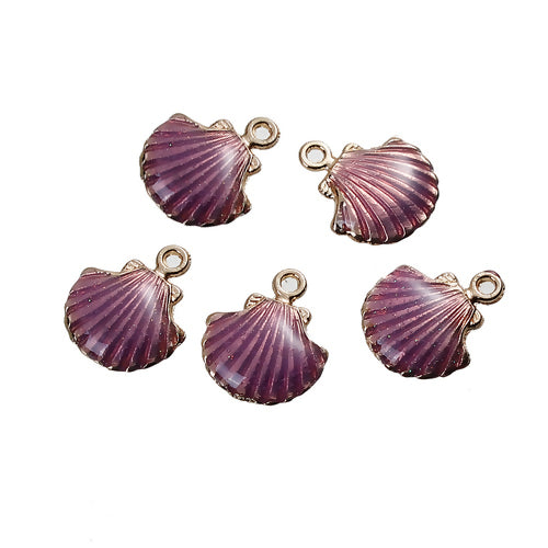 Pendants, Clam Shell, Single-Sided, Purple, Enameled, Gold Plated, Alloy, 18mm - BEADED CREATIONS