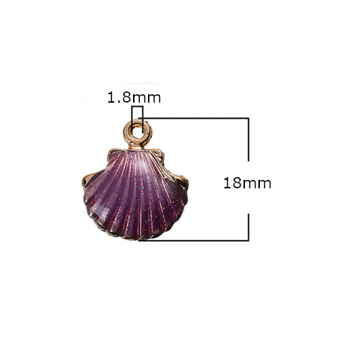Pendants, Clam Shell, Single-Sided, Purple, Enameled, Gold Plated, Alloy, 18mm - BEADED CREATIONS