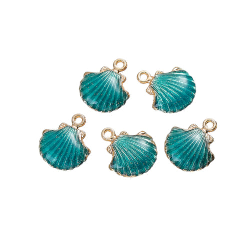 Pendants, Clam Shell, Single-Sided, Teal, Enameled, Gold Plated, Alloy, 18mm - BEADED CREATIONS