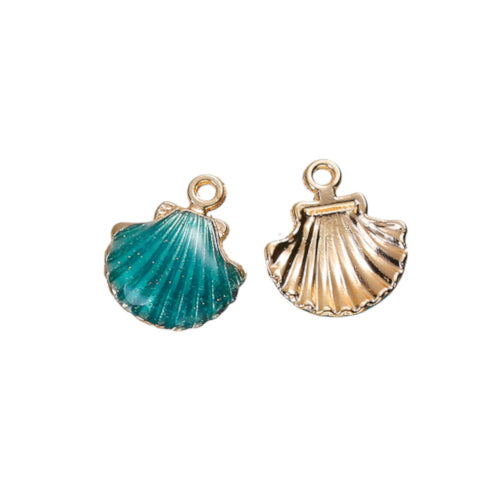 Pendants, Clam Shell, Single-Sided, Teal, Enameled, Gold Plated, Alloy, 18mm - BEADED CREATIONS