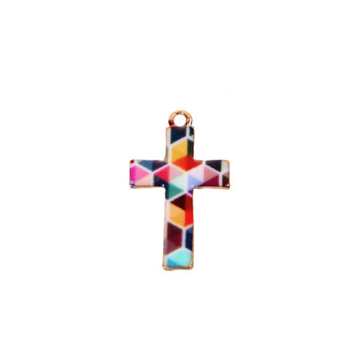Pendants, Cross, Multicolored, Enameled, Single-Sided, Gold Plated, Alloy, 28mm - BEADED CREATIONS