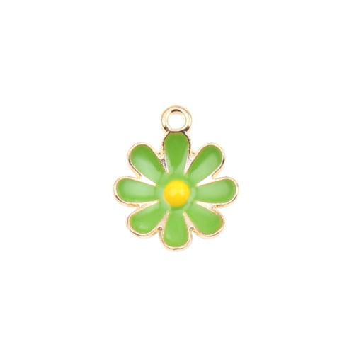 Pendants, Daisy, Flower, Single-Sided, Green, Enameled, Gold Plated, Alloy, 18mm - BEADED CREATIONS