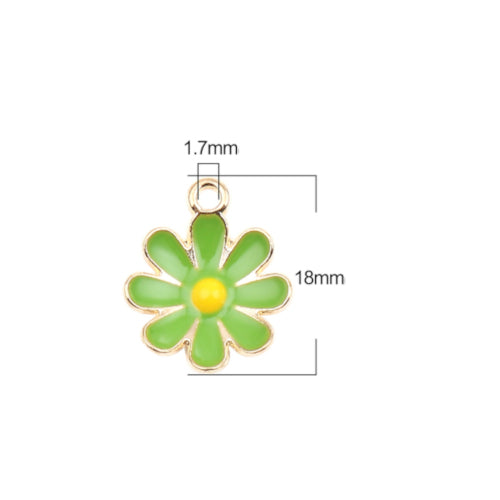 Pendants, Daisy, Flower, Single-Sided, Green, Enameled, Gold Plated, Alloy, 18mm - BEADED CREATIONS
