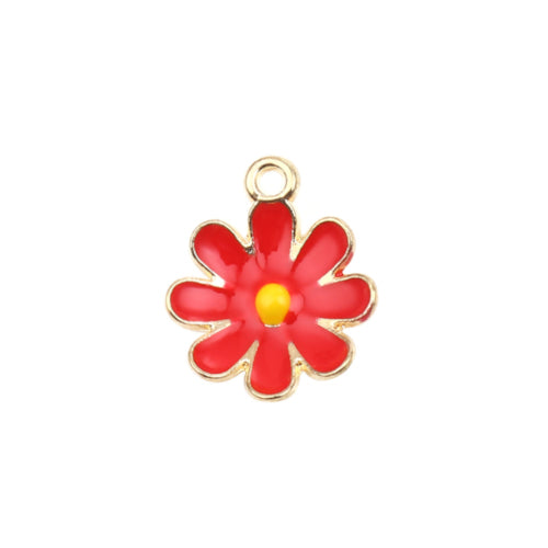 Pendants, Daisy, Flower, Single-Sided, Red, Enameled, Gold Plated, Alloy, 18mm - BEADED CREATIONS