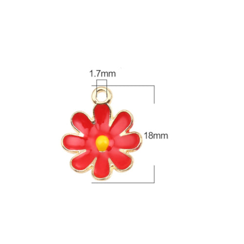 Pendants, Daisy, Flower, Single-Sided, Red, Enameled, Gold Plated, Alloy, 18mm - BEADED CREATIONS