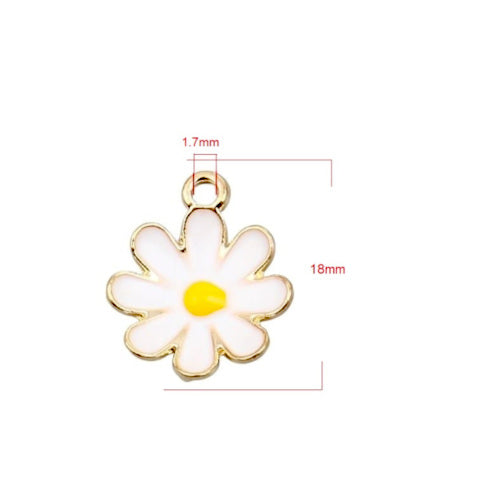 Pendants, Daisy, Flower, Single-Sided, White, Enameled, Gold Plated, Alloy, 18mm - BEADED CREATIONS