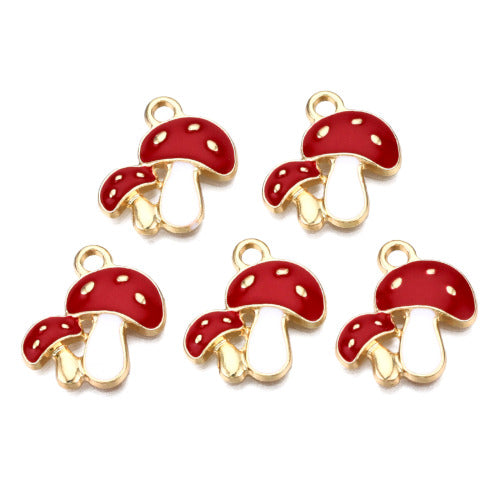 Pendants, Double Mushroom, White, Red, Enameled, Single-Sided, Light Gold Plated, Alloy, 19.5mm - BEADED CREATIONS