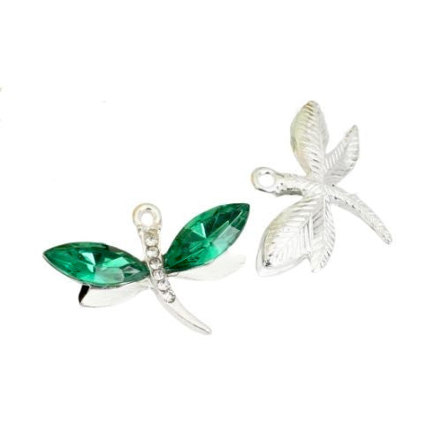 Pendants, Dragonfly, With Green Acrylic Faceted Rhinestone Wings, Silver Plated Alloy, 3cm - BEADED CREATIONS