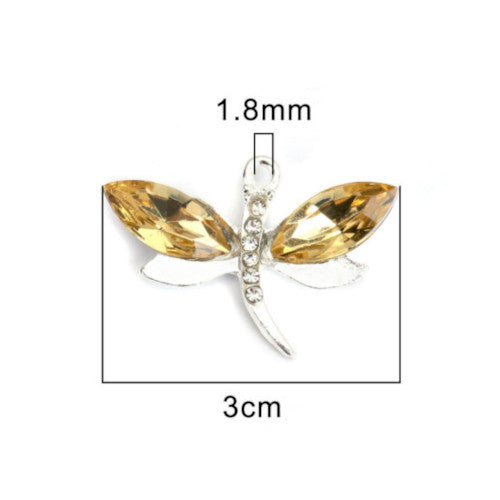 Pendants, Dragonfly, With Yellow Acrylic Faceted Rhinestone Wings, Silver Plated Alloy, 3cm - BEADED CREATIONS