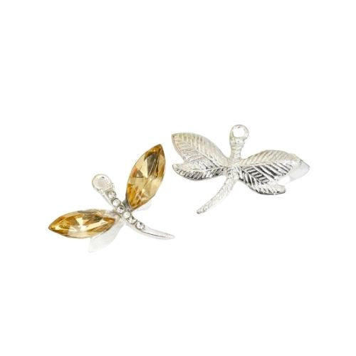 Pendants, Dragonfly, With Yellow Acrylic Faceted Rhinestone Wings, Silver Plated Alloy, 3cm - BEADED CREATIONS