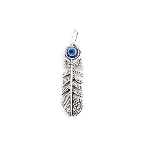 Pendants, Evil Eye, Feather, Blue, Resin, Antique Silver, Alloy, 49mm - BEADED CREATIONS