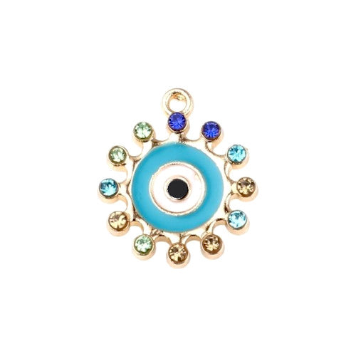 Pendants, Evil Eye, Round, Single-Sided, Light Blue, Enameled, With Multicolored Rhinestones, Light Gold Alloy, 19mm - BEADED CREATIONS
