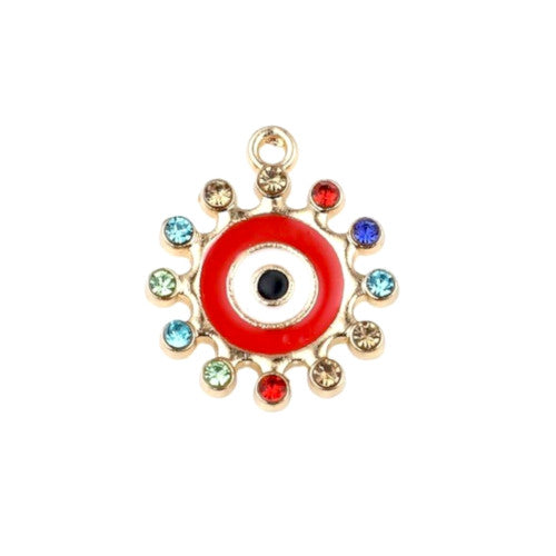 Pendants, Evil Eye, Round, Single-Sided, Red, Enameled, With Multicolored Rhinestones, Light Gold Alloy, 19mm - BEADED CREATIONS