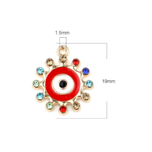 Pendants, Evil Eye, Round, Single-Sided, Red, Enameled, With Multicolored Rhinestones, Light Gold Alloy, 19mm - BEADED CREATIONS