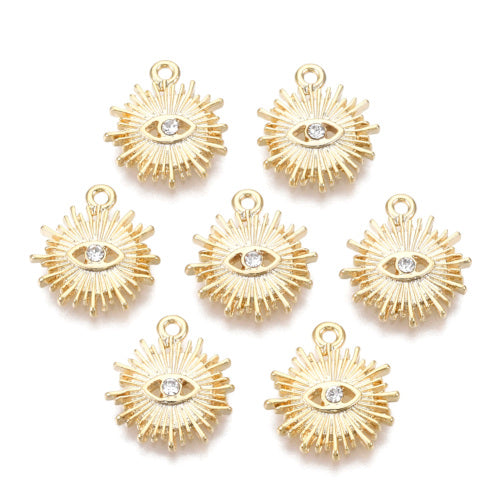 Pendants, Evil Eye, Sun, With Crystal Rhinestones, 18K Gold Plated, Alloy, 16.5mm - BEADED CREATIONS