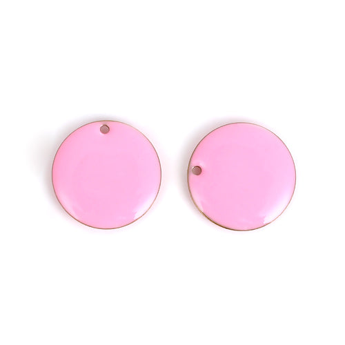Pendants, Flat, Round, Double-Sided, Pink, Enameled, Drops, Brass, 20mm - BEADED CREATIONS