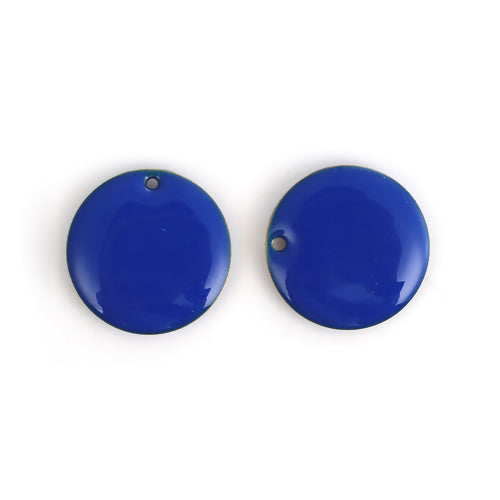 Pendants, Flat, Round, Double-Sided, Royal Blue, Enameled, Drops, Brass, 20mm - BEADED CREATIONS