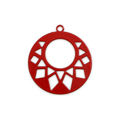 Pendants, Flat, Round, Gypsy Hoops, Geometric, Laser-Cut, Red, Enameled, Focal, Iron, 22mm - BEADED CREATIONS