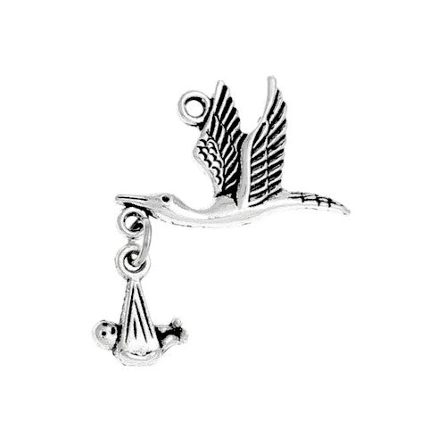 Pendants, Flying Stork Bird With Dangling Baby, Antique Silver, Alloy, 24mm - BEADED CREATIONS