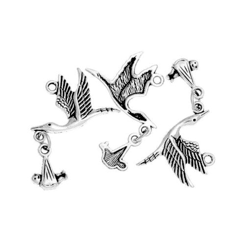 Pendants, Flying Stork Bird With Dangling Baby, Antique Silver, Alloy, 24mm - BEADED CREATIONS