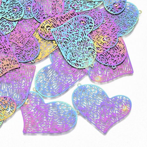 Pendants, Heart, Etched, Stainless Steel, (IP), Rainbow, 40mm - BEADED CREATIONS