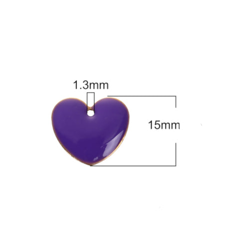 Pendants, Heart, Flat, Double-Sided, Purple, Enameled, Brass, Drops, 16mm - BEADED CREATIONS