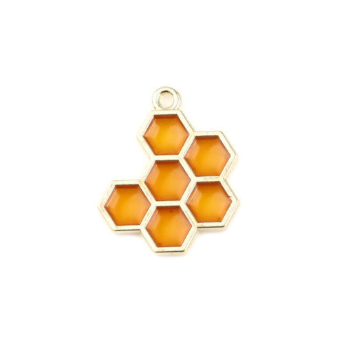 Pendants, Hexagonal, Honeycomb, Yellow, Enamel, Light Gold Alloy, 21mm - BEADED CREATIONS